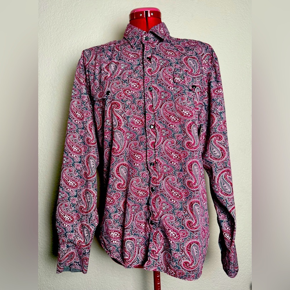 Rodeo Clothing Co Pearl Snap Paisley Shirt Men's Large Flip Cuff Western Cowboy